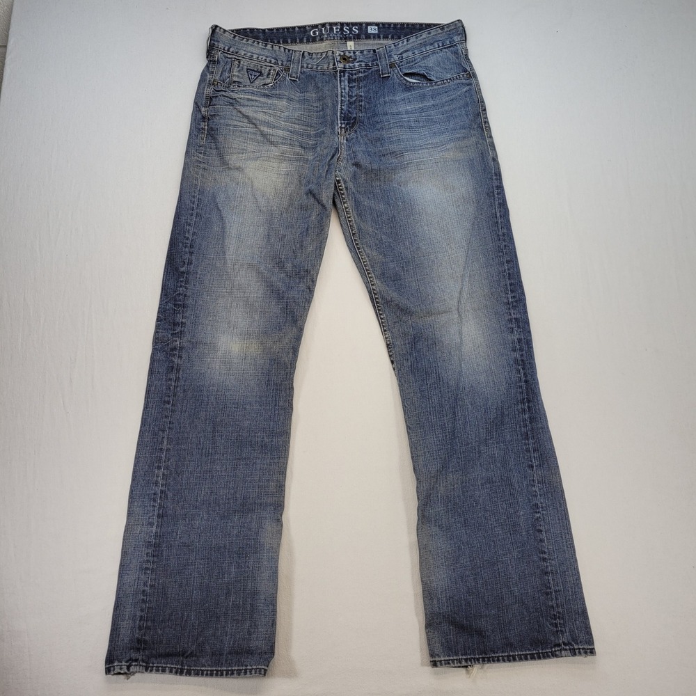 Guess Desmond Relaxed Fit Jeans Mens 38x34 Blue Denim Faded Whiskered